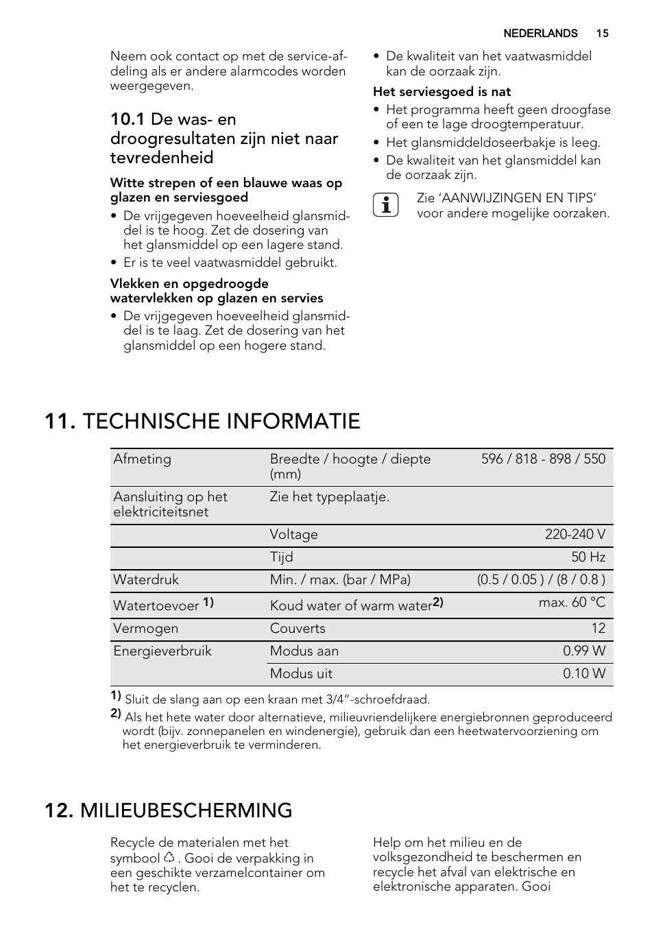 Technische informatie, Milieubescherming | AEG F34500VI0 User Manual | Page 15 / 64