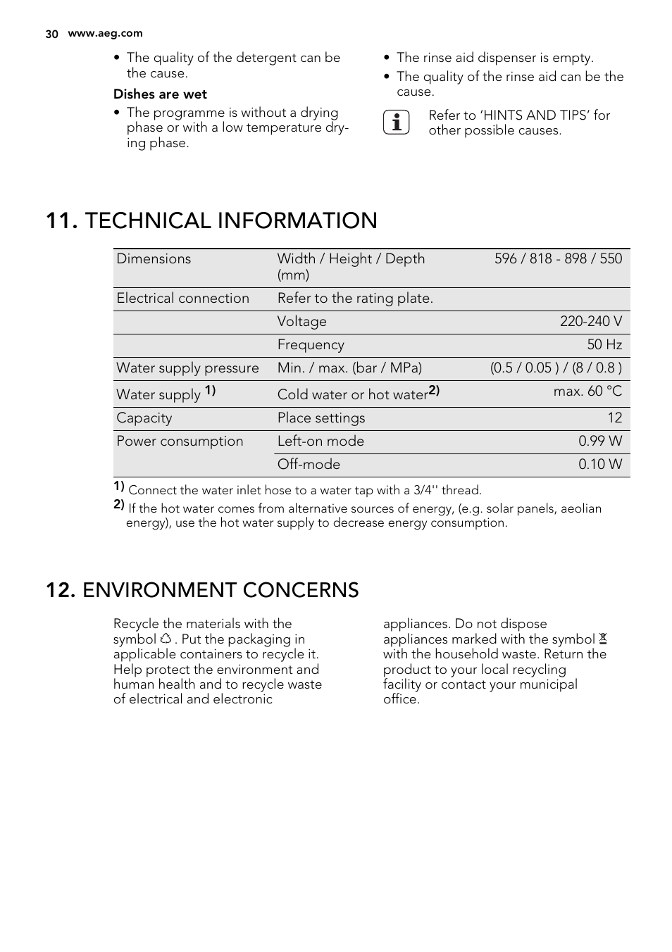 Technical information, Environment concerns | AEG F34500VI0 User Manual | Page 30 / 64