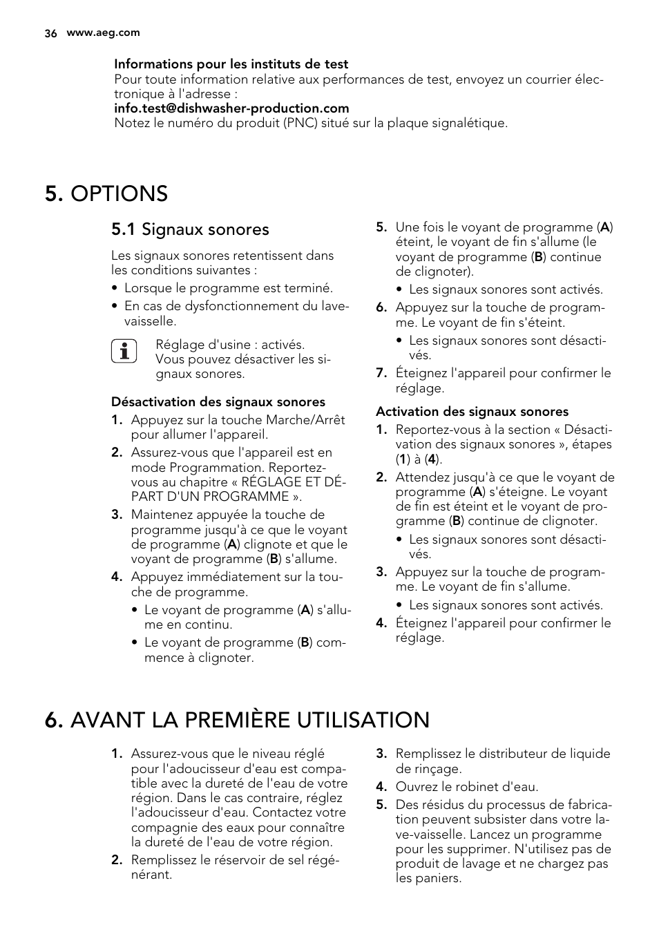 Options, Avant la première utilisation, 1 signaux sonores | AEG F34500VI0 User Manual | Page 36 / 64