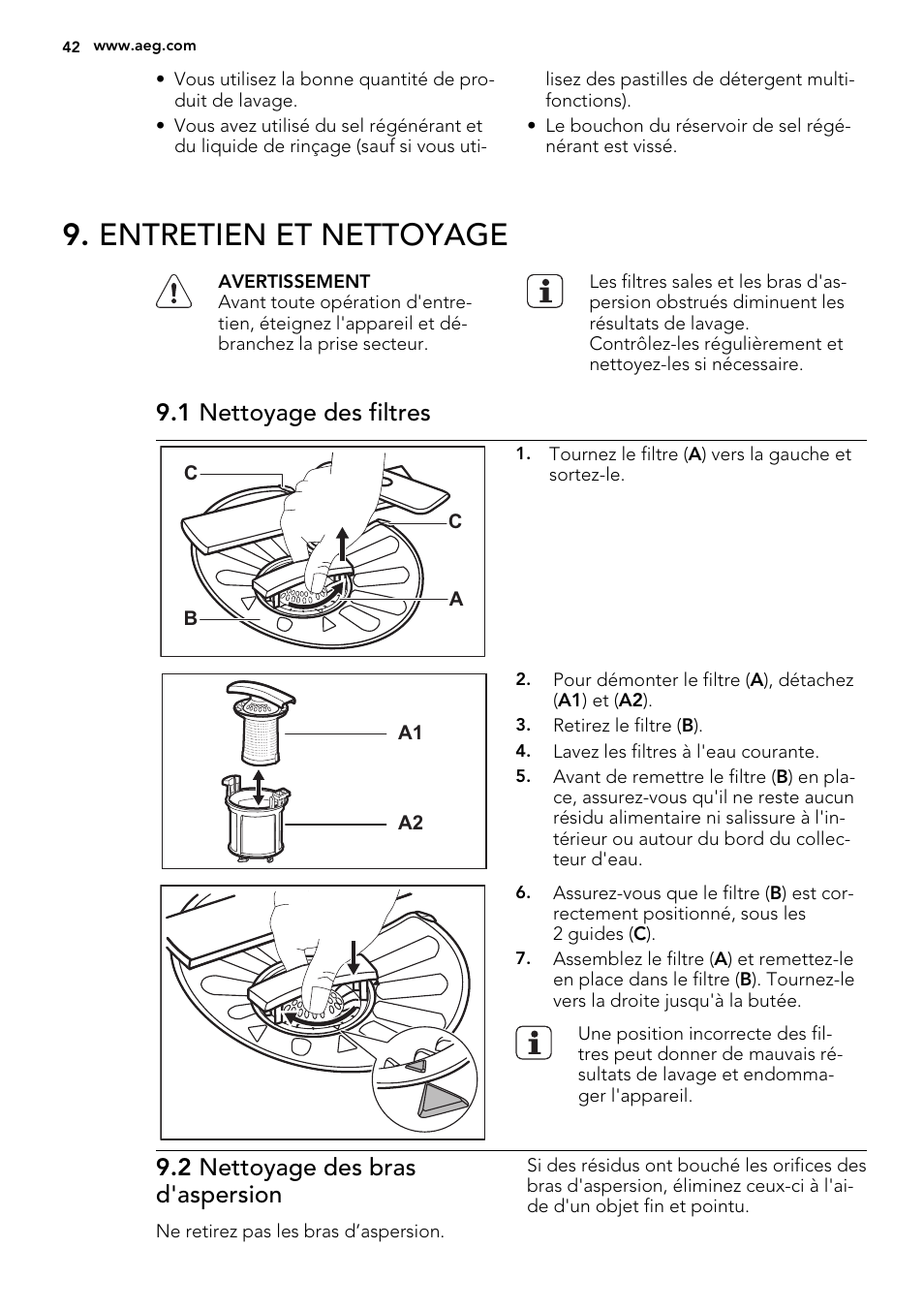 Entretien et nettoyage, 1 nettoyage des filtres, 2 nettoyage des bras d'aspersion | AEG F34500VI0 User Manual | Page 42 / 64