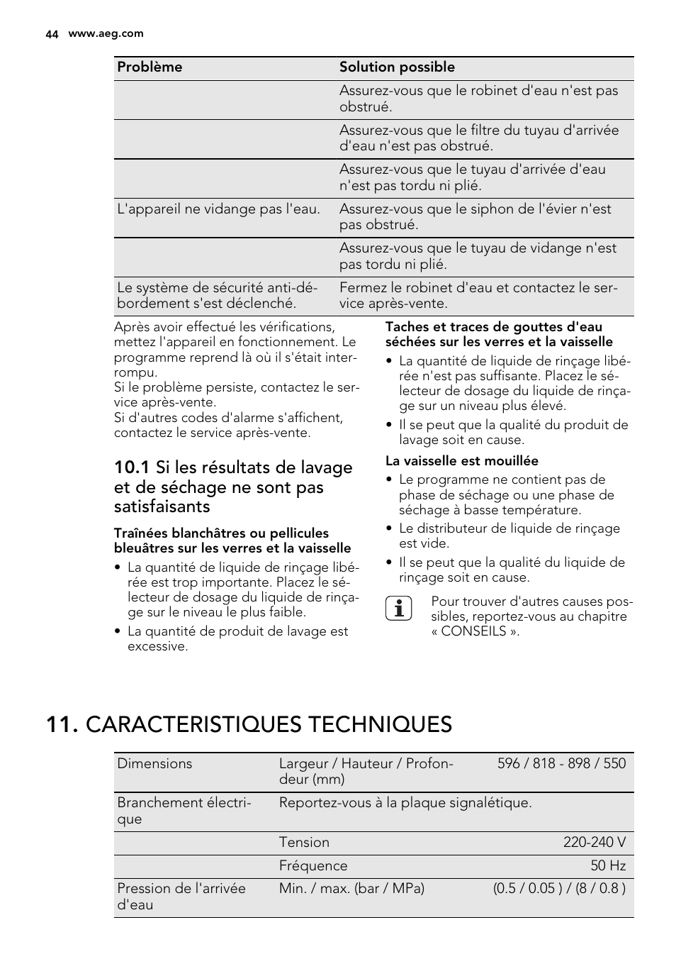 Caracteristiques techniques | AEG F34500VI0 User Manual | Page 44 / 64