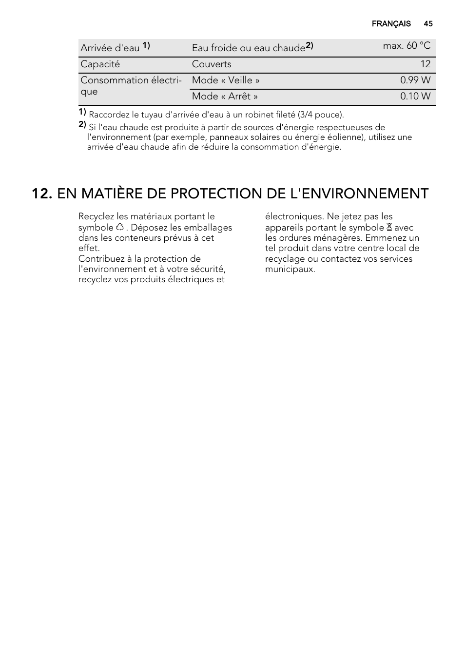 En matière de protection de l'environnement | AEG F34500VI0 User Manual | Page 45 / 64