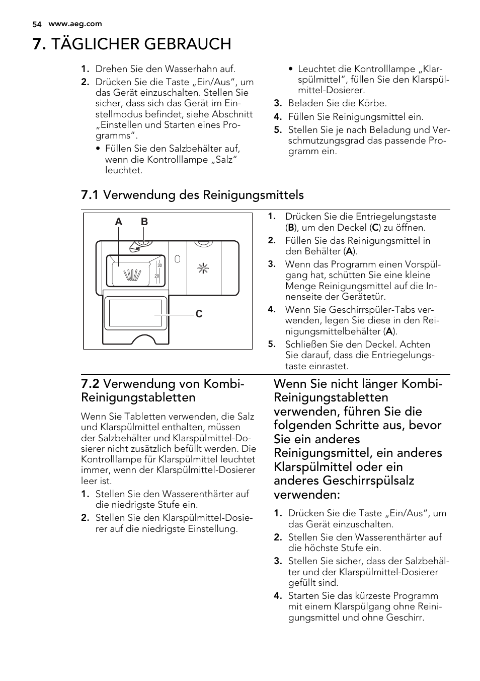 Täglicher gebrauch, 1 verwendung des reinigungsmittels, 2 verwendung von kombi- reinigungstabletten | AEG F34500VI0 User Manual | Page 54 / 64