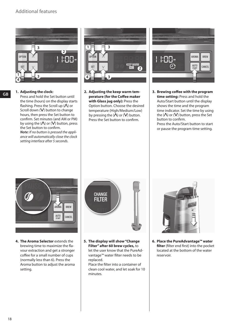 Filter, Additional features, Change | AEG EWA7800 User Manual | Page 18 / 20