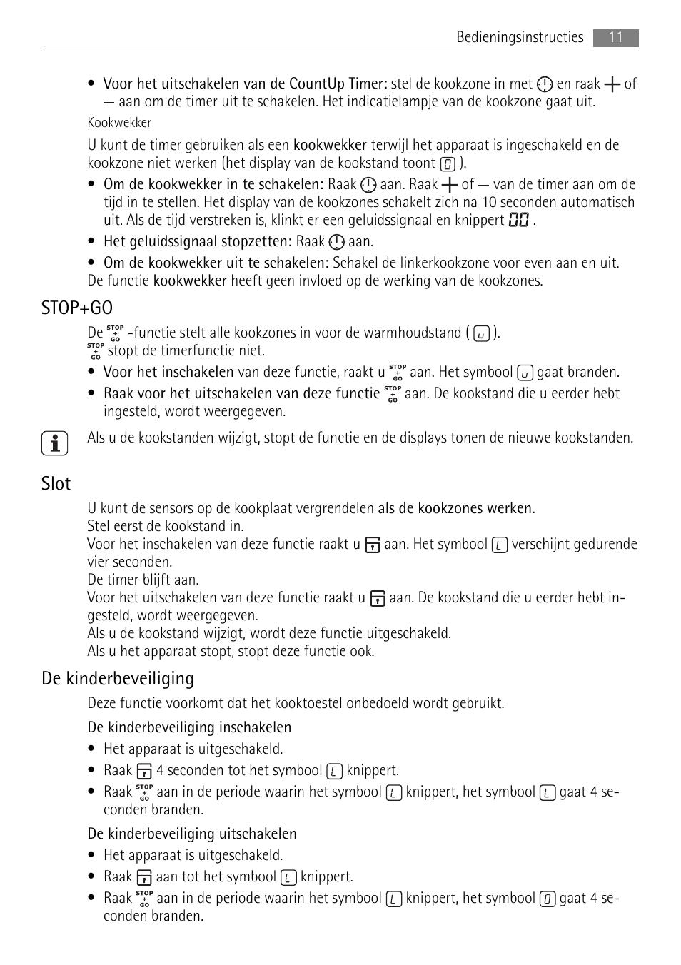 Stop+go, Slot, De kinderbeveiliging | AEG HE604078XB User Manual | Page 11 / 56