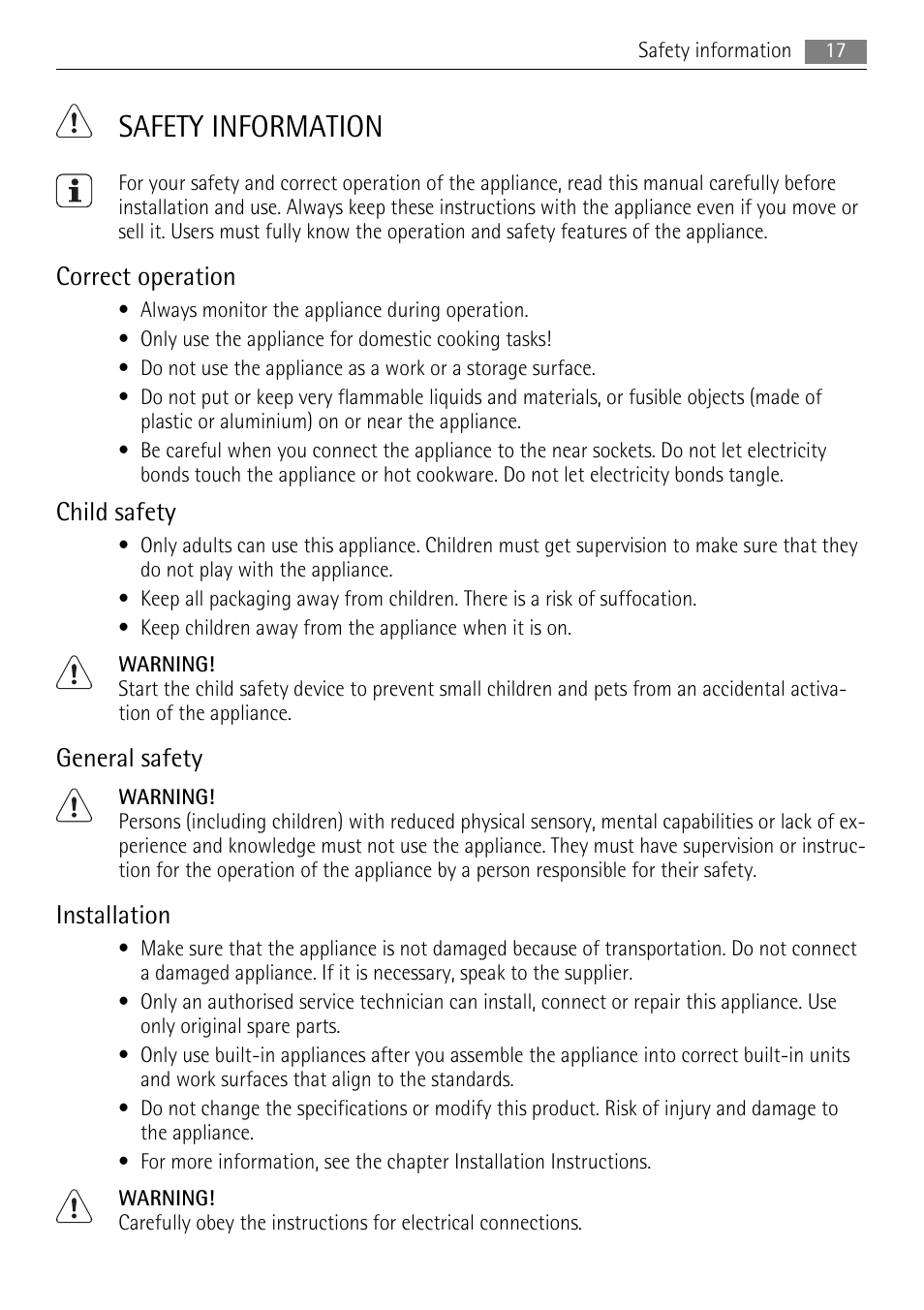 Safety information, Correct operation, Child safety | General safety, Installation | AEG HE604078XB User Manual | Page 17 / 56