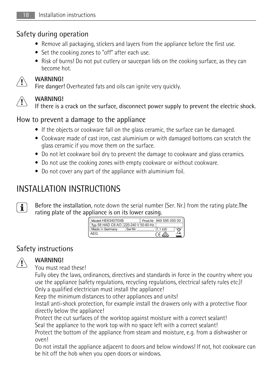 Installation instructions, Safety during operation, How to prevent a damage to the appliance | Safety instructions | AEG HE604078XB User Manual | Page 18 / 56