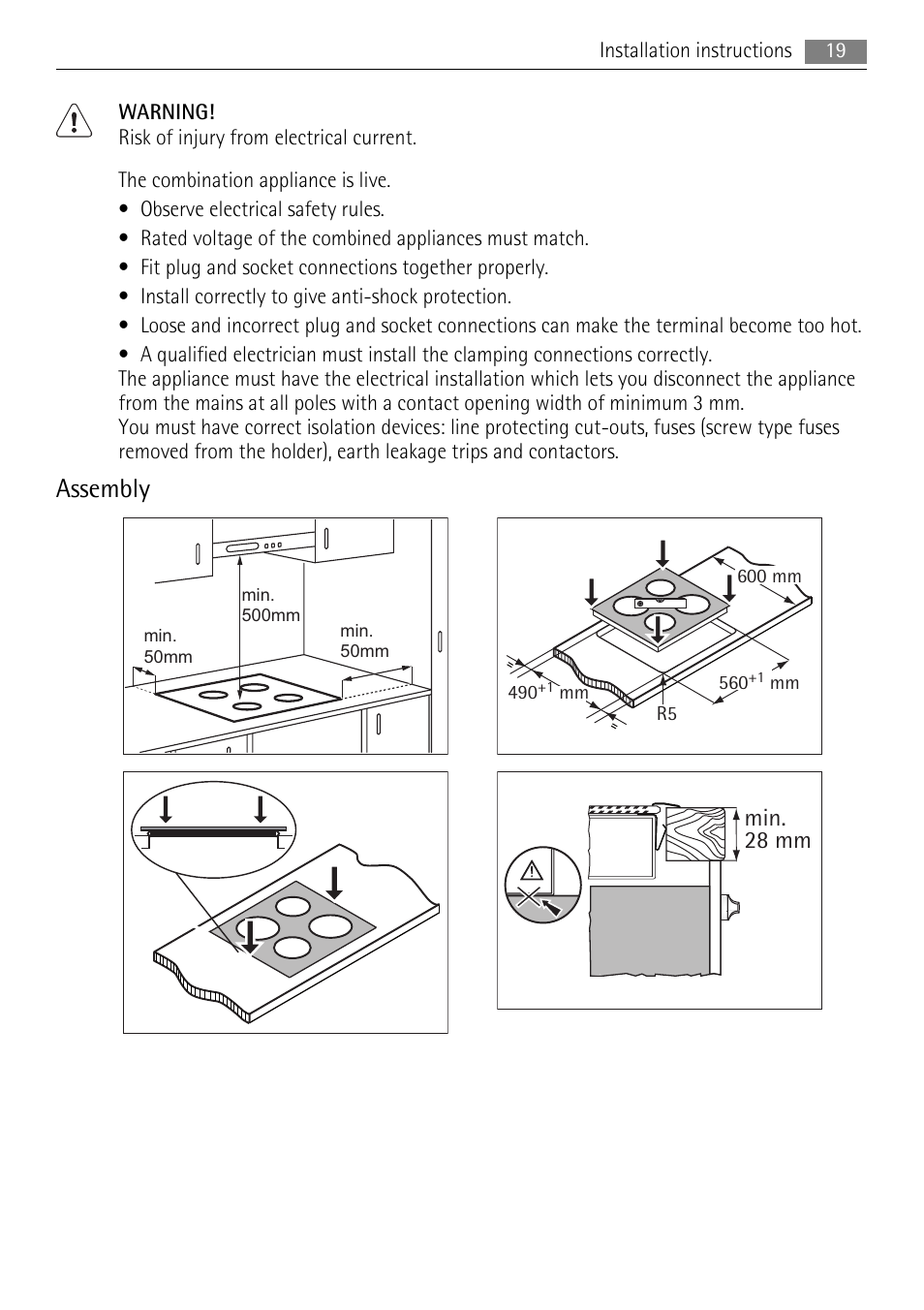 Assembly, Min. 28 mm | AEG HE604078XB User Manual | Page 19 / 56