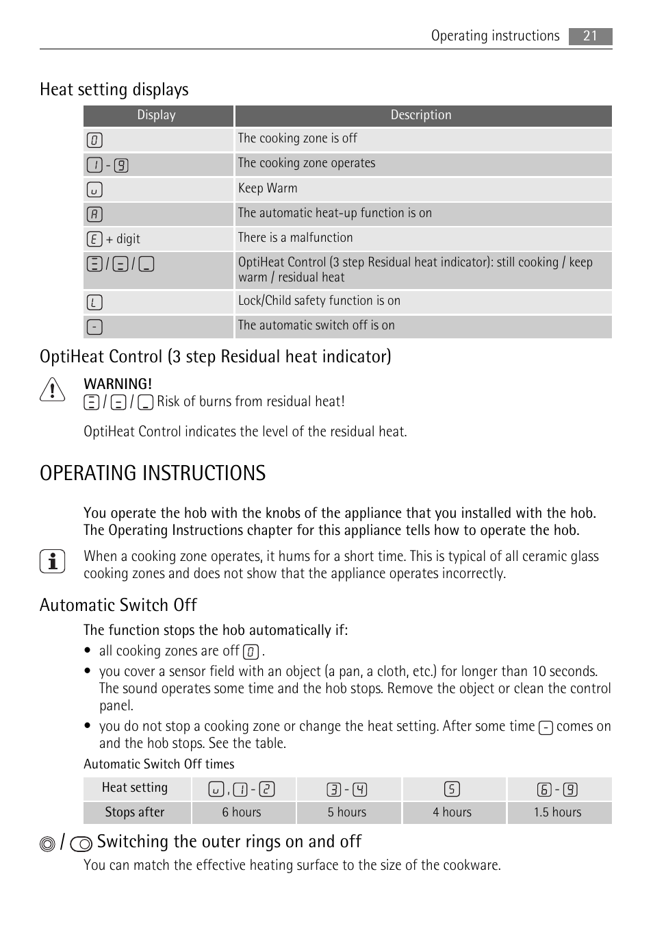 Operating instructions, Heat setting displays, Optiheat control (3 step residual heat indicator) | Automatic switch off, Switching the outer rings on and off | AEG HE604078XB User Manual | Page 21 / 56