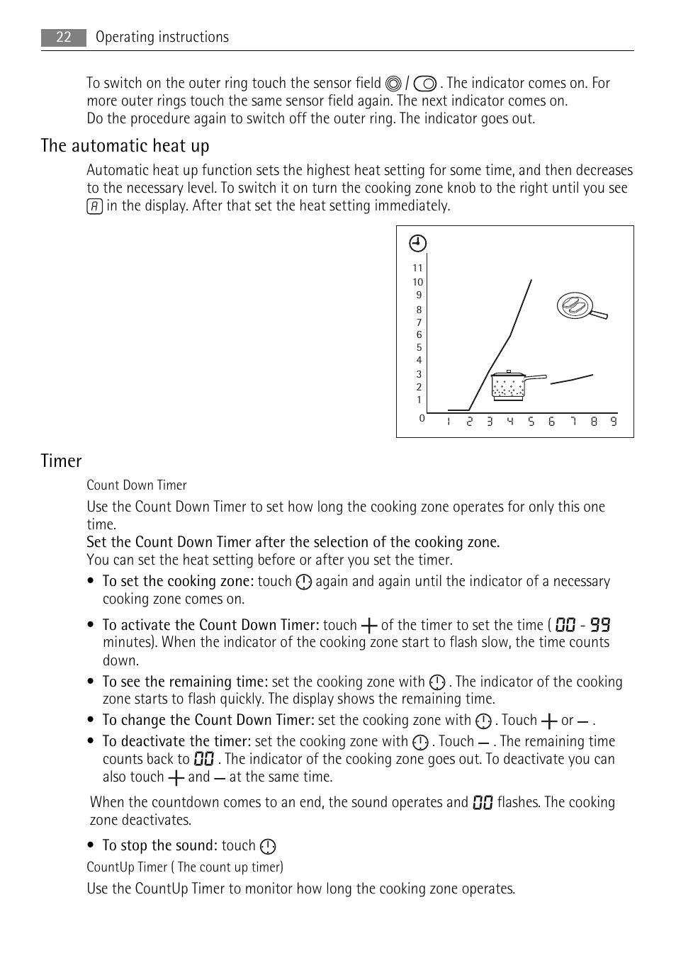 The automatic heat up, Timer | AEG HE604078XB User Manual | Page 22 / 56