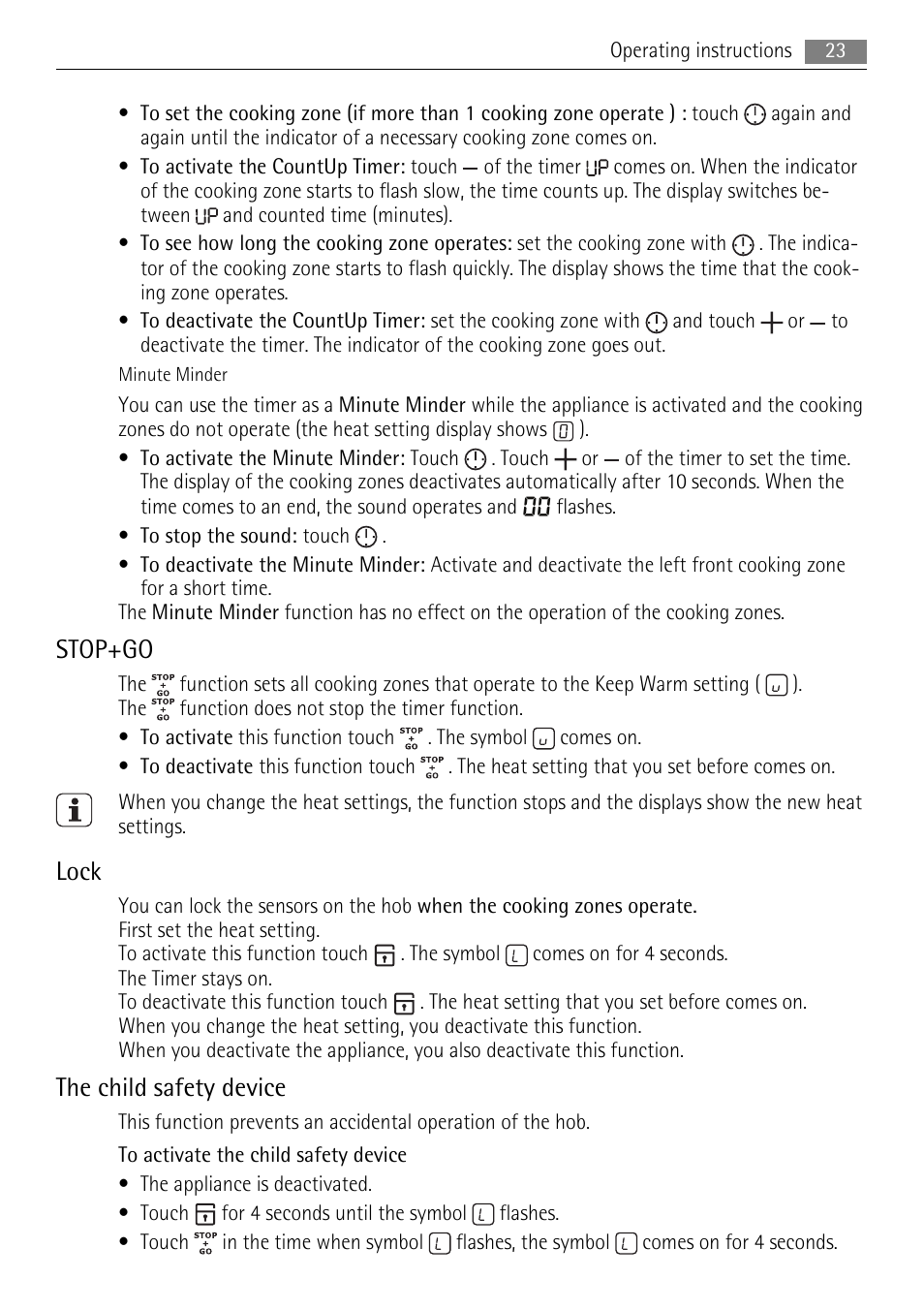 Stop+go, Lock, The child safety device | AEG HE604078XB User Manual | Page 23 / 56