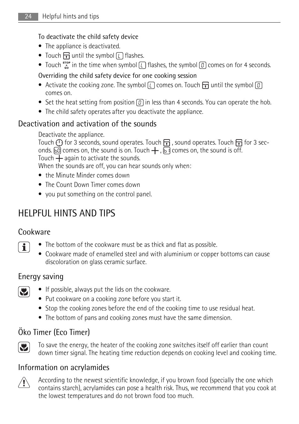 Helpful hints and tips, Deactivation and activation of the sounds, Cookware | Energy saving, Öko timer (eco timer), Information on acrylamides | AEG HE604078XB User Manual | Page 24 / 56