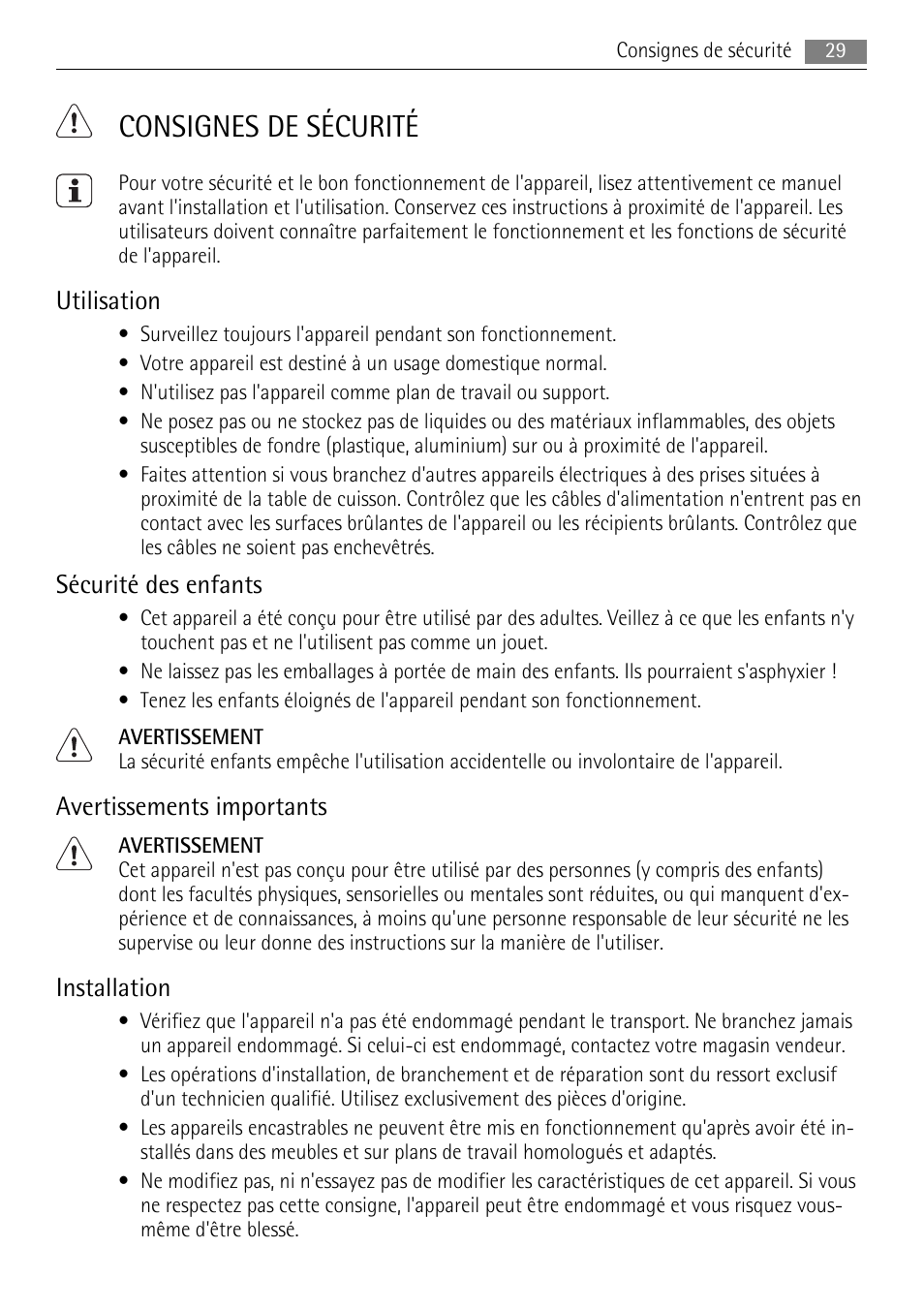 Consignes de sécurité, Utilisation, Sécurité des enfants | Avertissements importants, Installation | AEG HE604078XB User Manual | Page 29 / 56