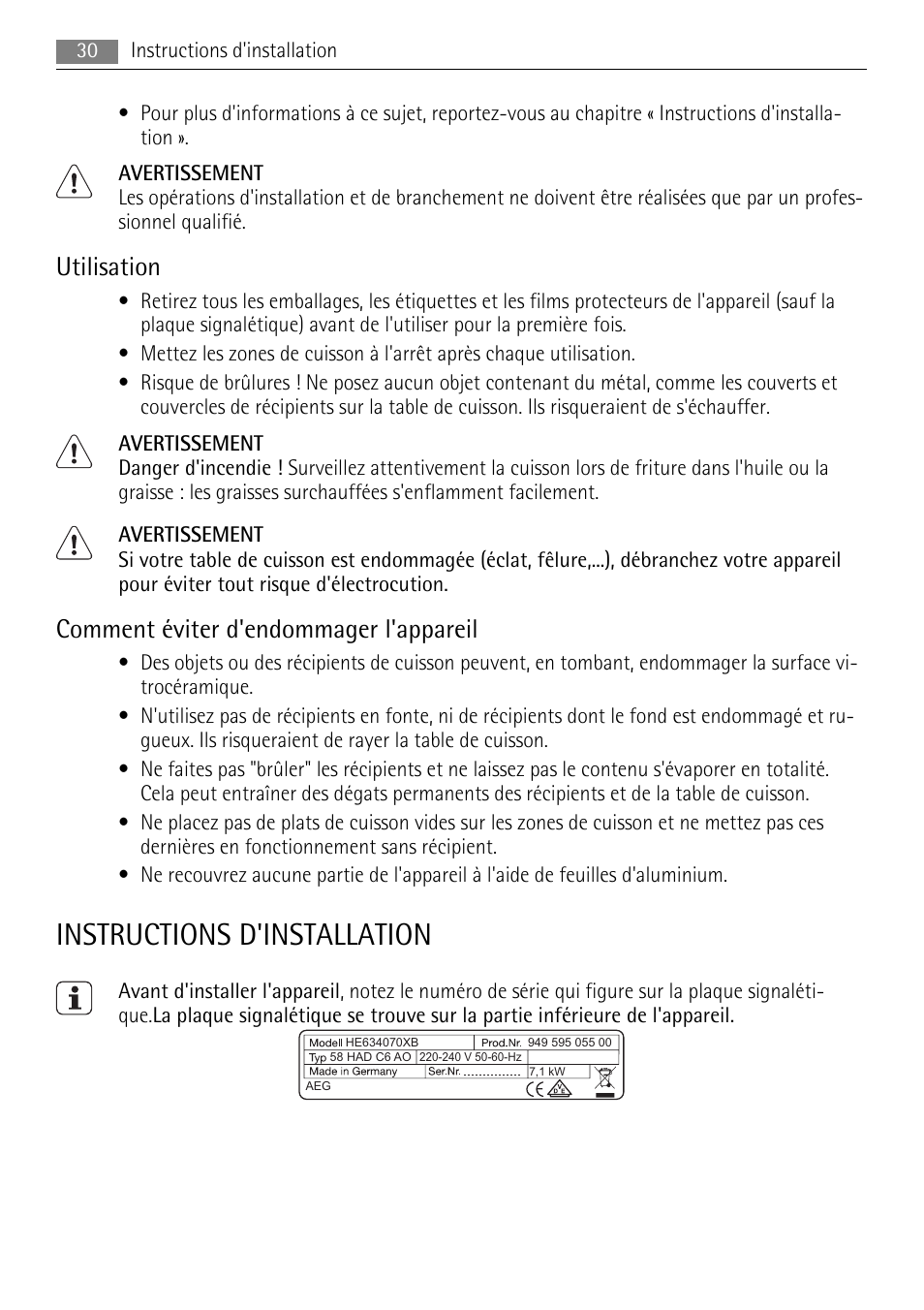 Instructions d'installation, Utilisation, Comment éviter d'endommager l'appareil | AEG HE604078XB User Manual | Page 30 / 56