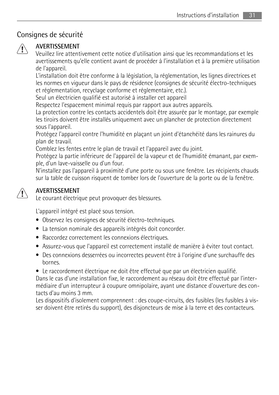 Consignes de sécurité | AEG HE604078XB User Manual | Page 31 / 56