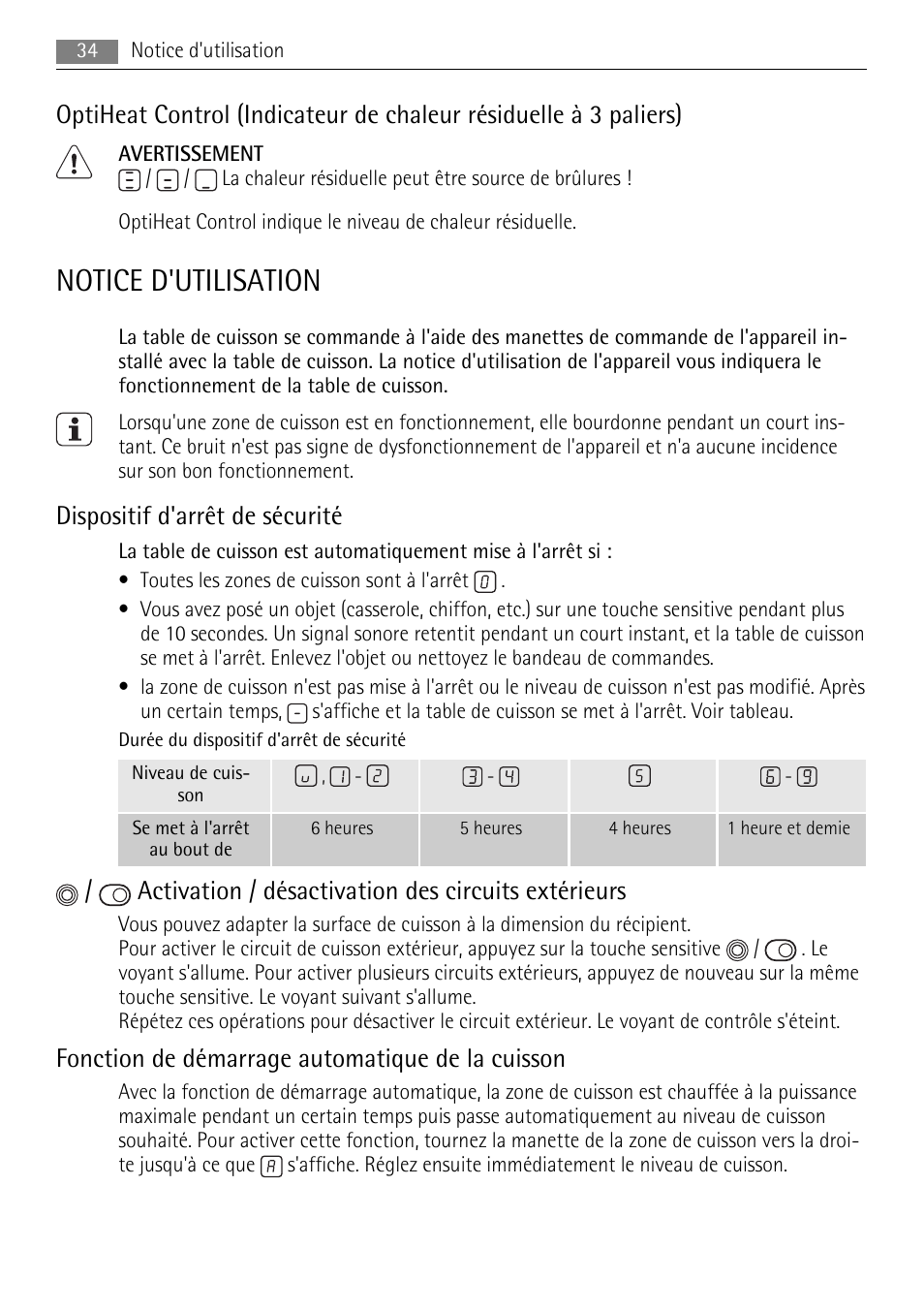 Notice d'utilisation, Dispositif d'arrêt de sécurité, Activation / désactivation des circuits extérieurs | Fonction de démarrage automatique de la cuisson | AEG HE604078XB User Manual | Page 34 / 56