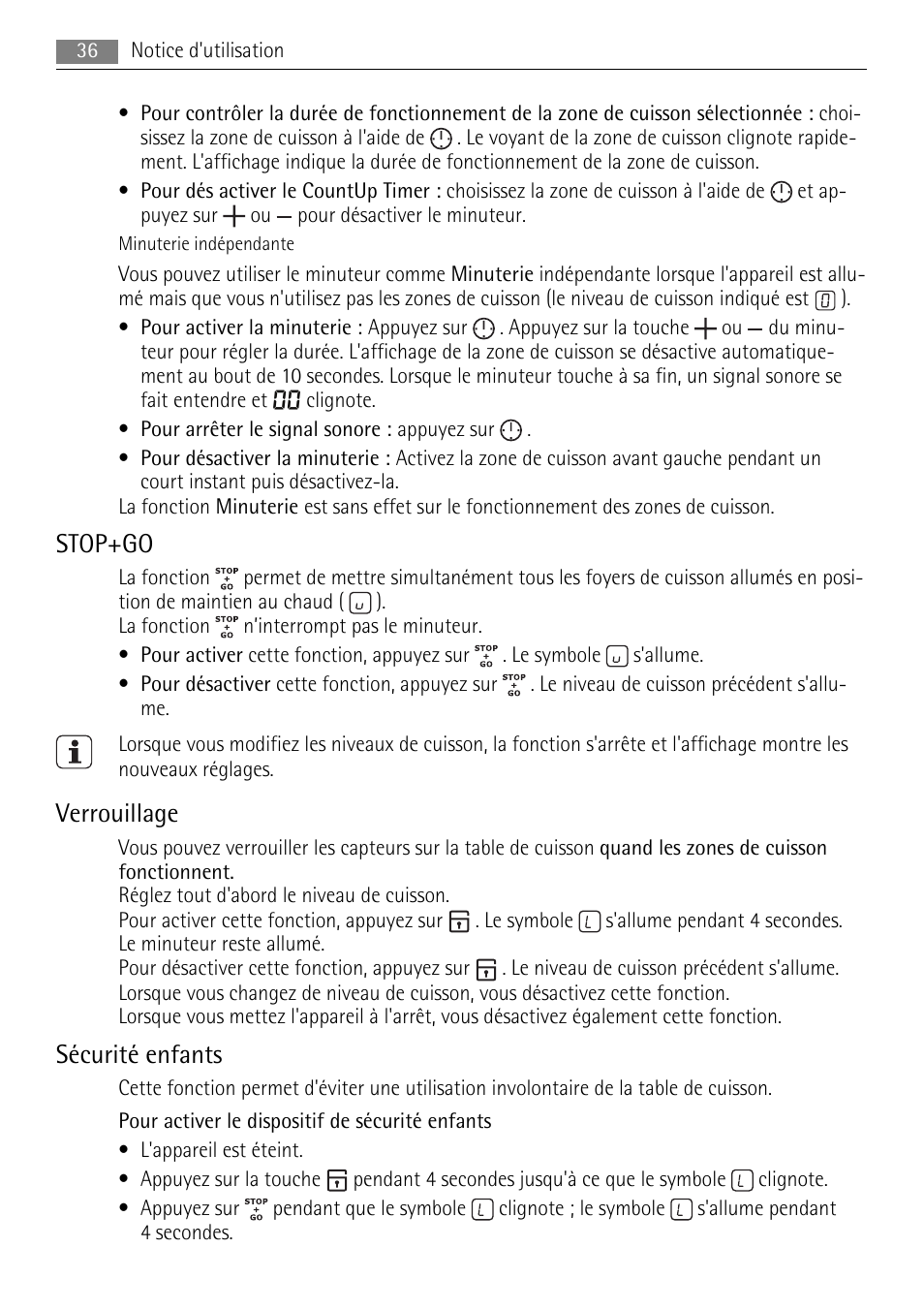 Stop+go, Verrouillage, Sécurité enfants | AEG HE604078XB User Manual | Page 36 / 56