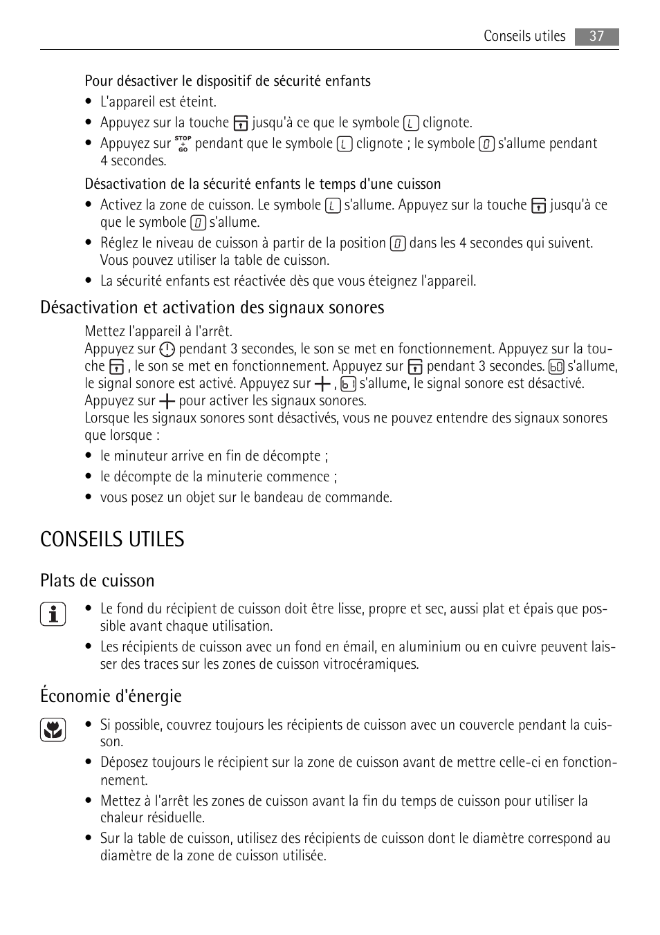 Conseils utiles, Désactivation et activation des signaux sonores, Plats de cuisson | Économie d'énergie | AEG HE604078XB User Manual | Page 37 / 56