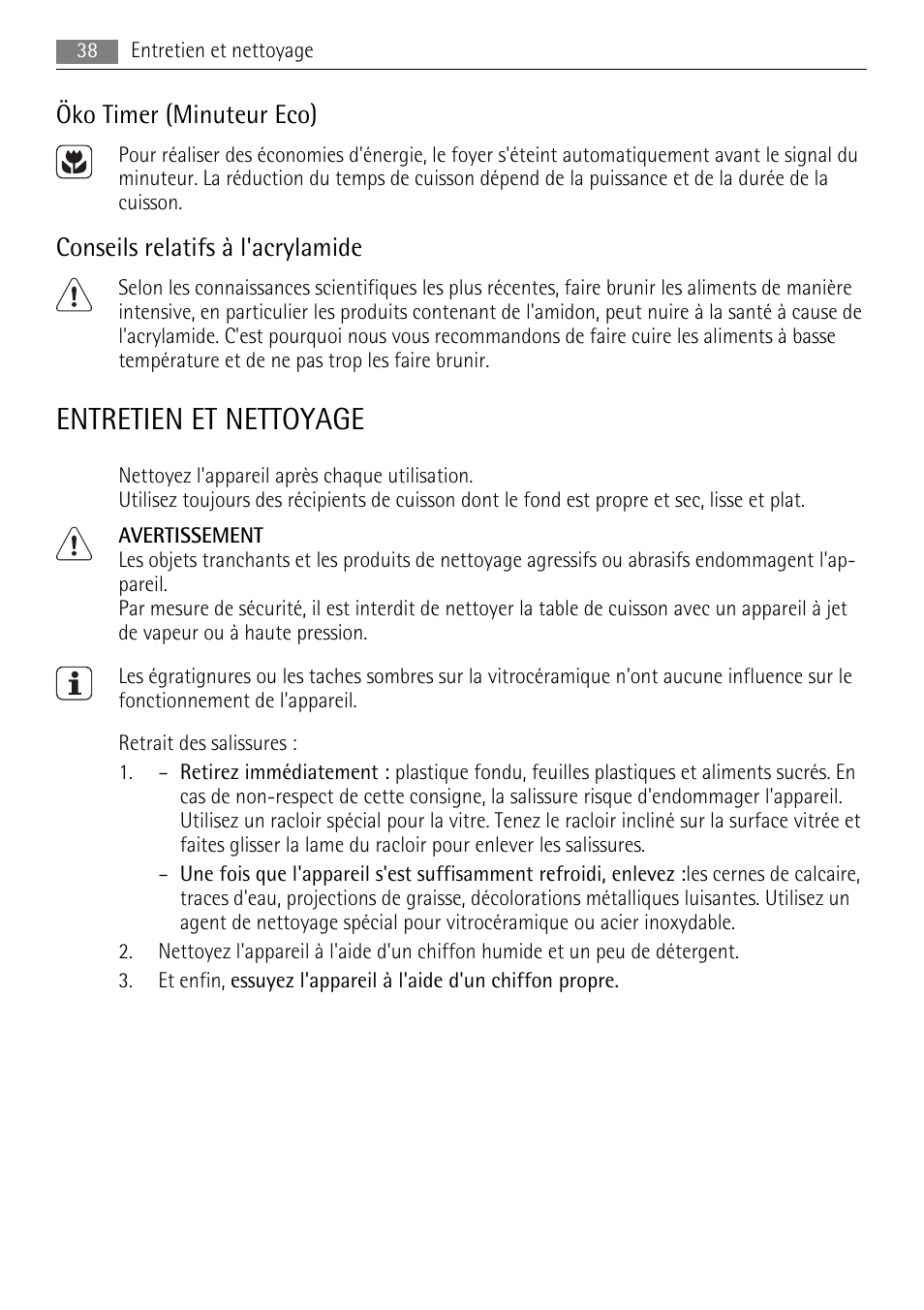 Entretien et nettoyage, Öko timer (minuteur eco), Conseils relatifs à l'acrylamide | AEG HE604078XB User Manual | Page 38 / 56