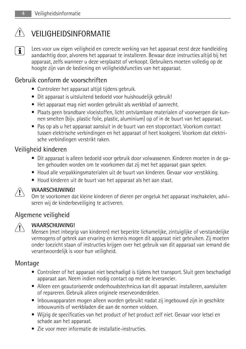 Veiligheidsinformatie, Gebruik conform de voorschriften, Veiligheid kinderen | Algemene veiligheid, Montage | AEG HE604078XB User Manual | Page 4 / 56