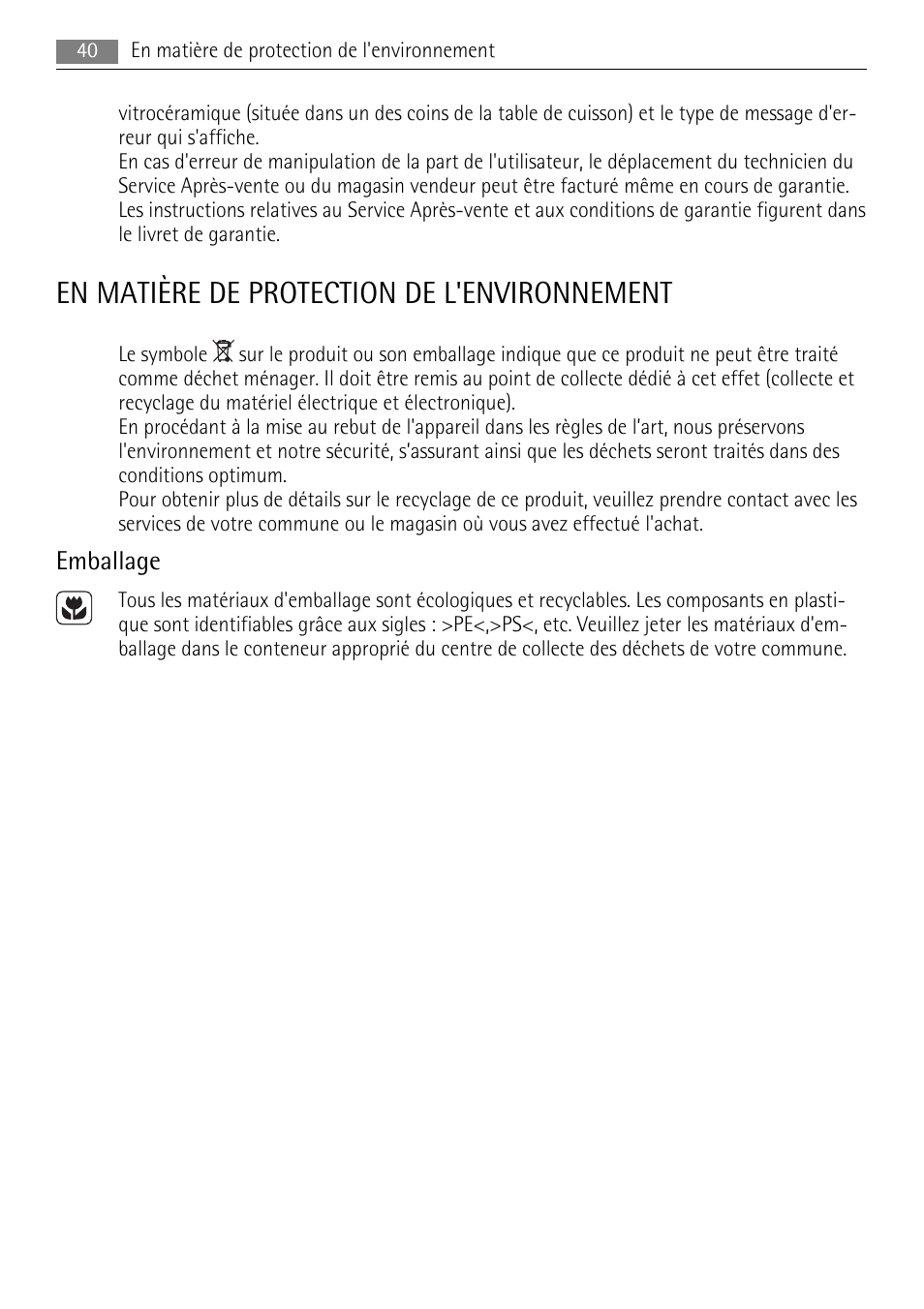 En matière de protection de l'environnement, Emballage | AEG HE604078XB User Manual | Page 40 / 56