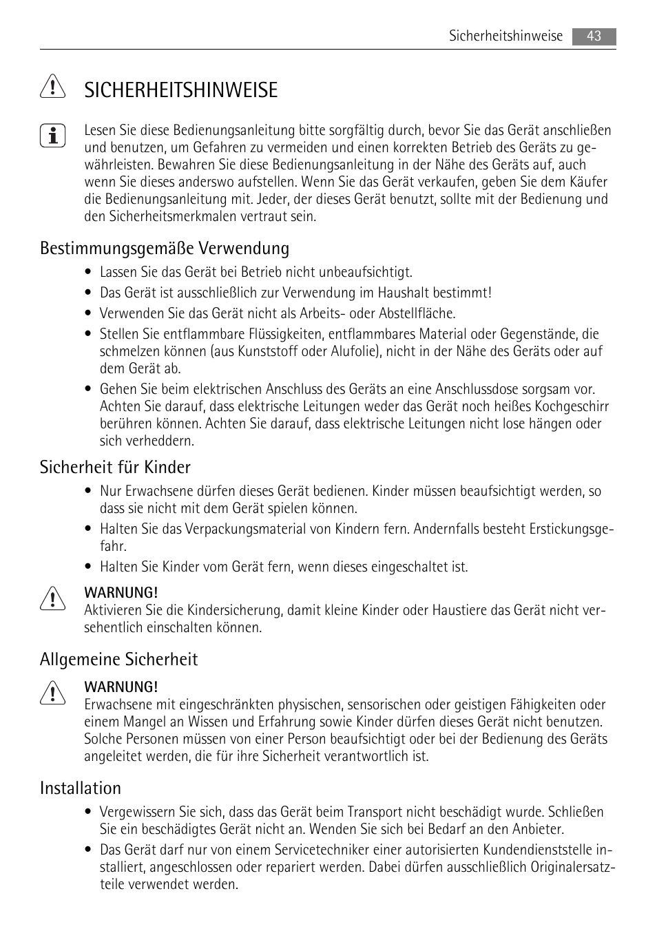 Sicherheitshinweise, Bestimmungsgemäße verwendung, Sicherheit für kinder | Allgemeine sicherheit, Installation | AEG HE604078XB User Manual | Page 43 / 56