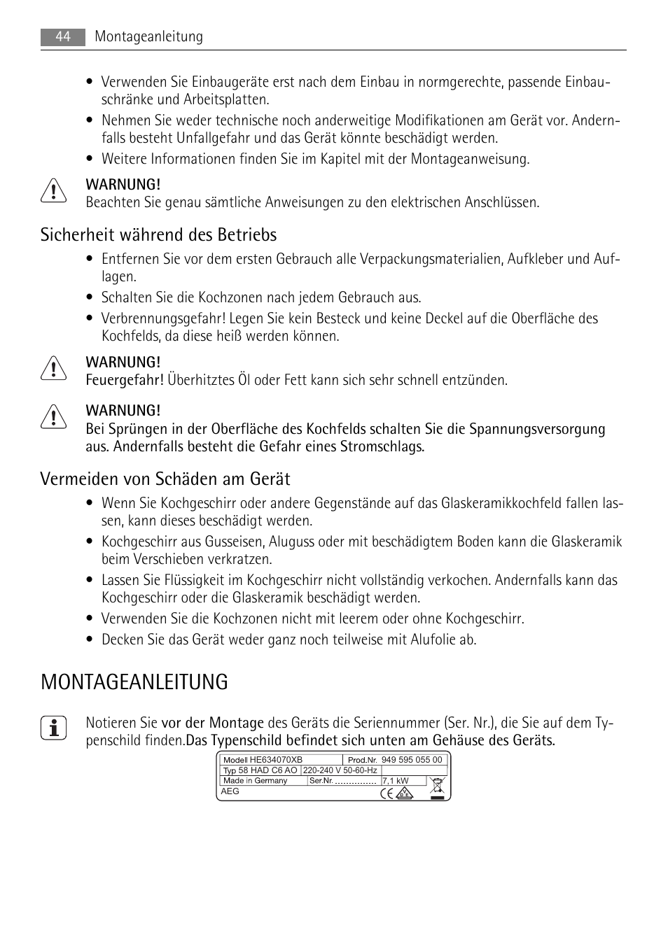 Montageanleitung, Sicherheit während des betriebs, Vermeiden von schäden am gerät | AEG HE604078XB User Manual | Page 44 / 56