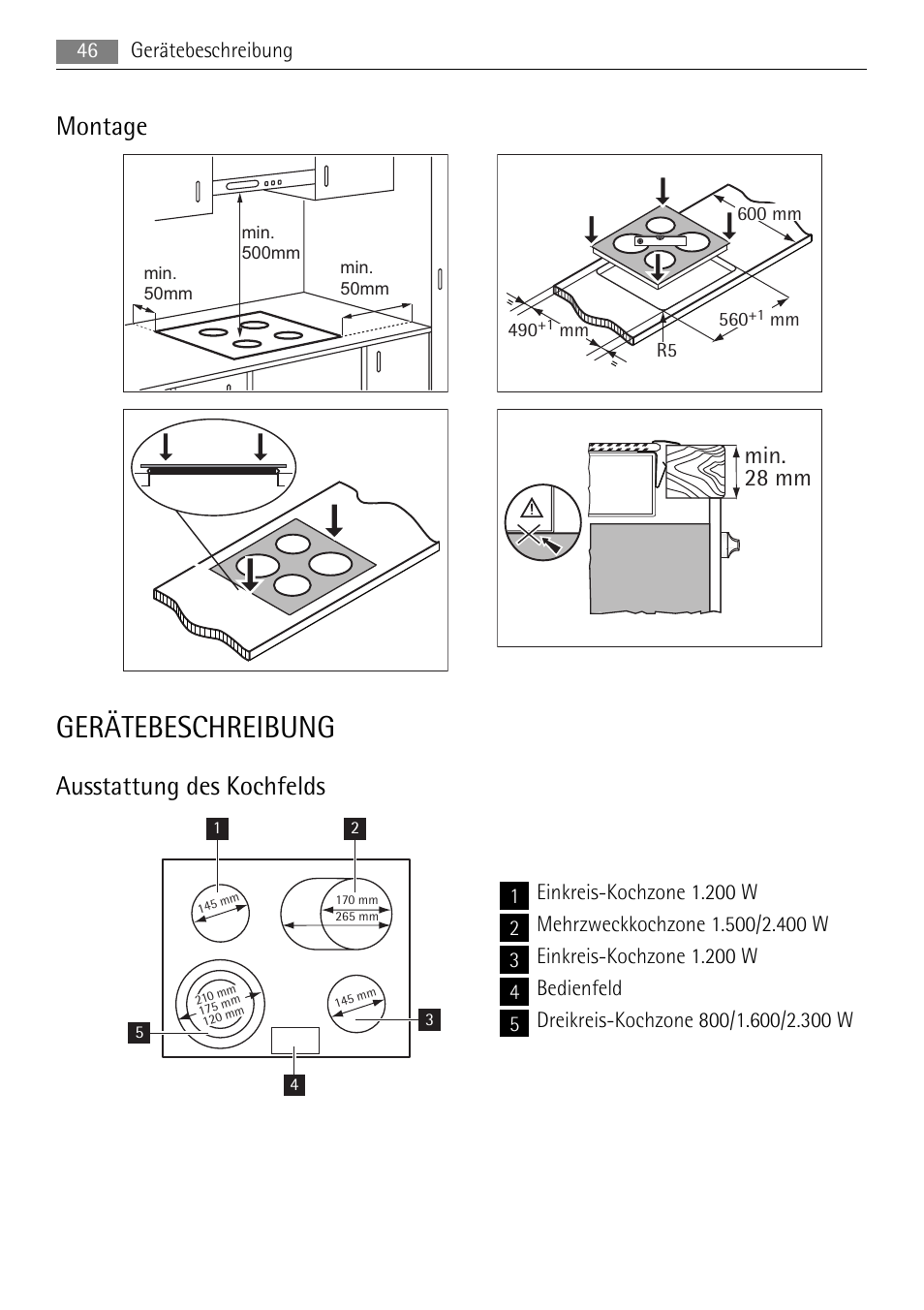 Gerätebeschreibung, Montage, Ausstattung des kochfelds | Min. 28 mm | AEG HE604078XB User Manual | Page 46 / 56