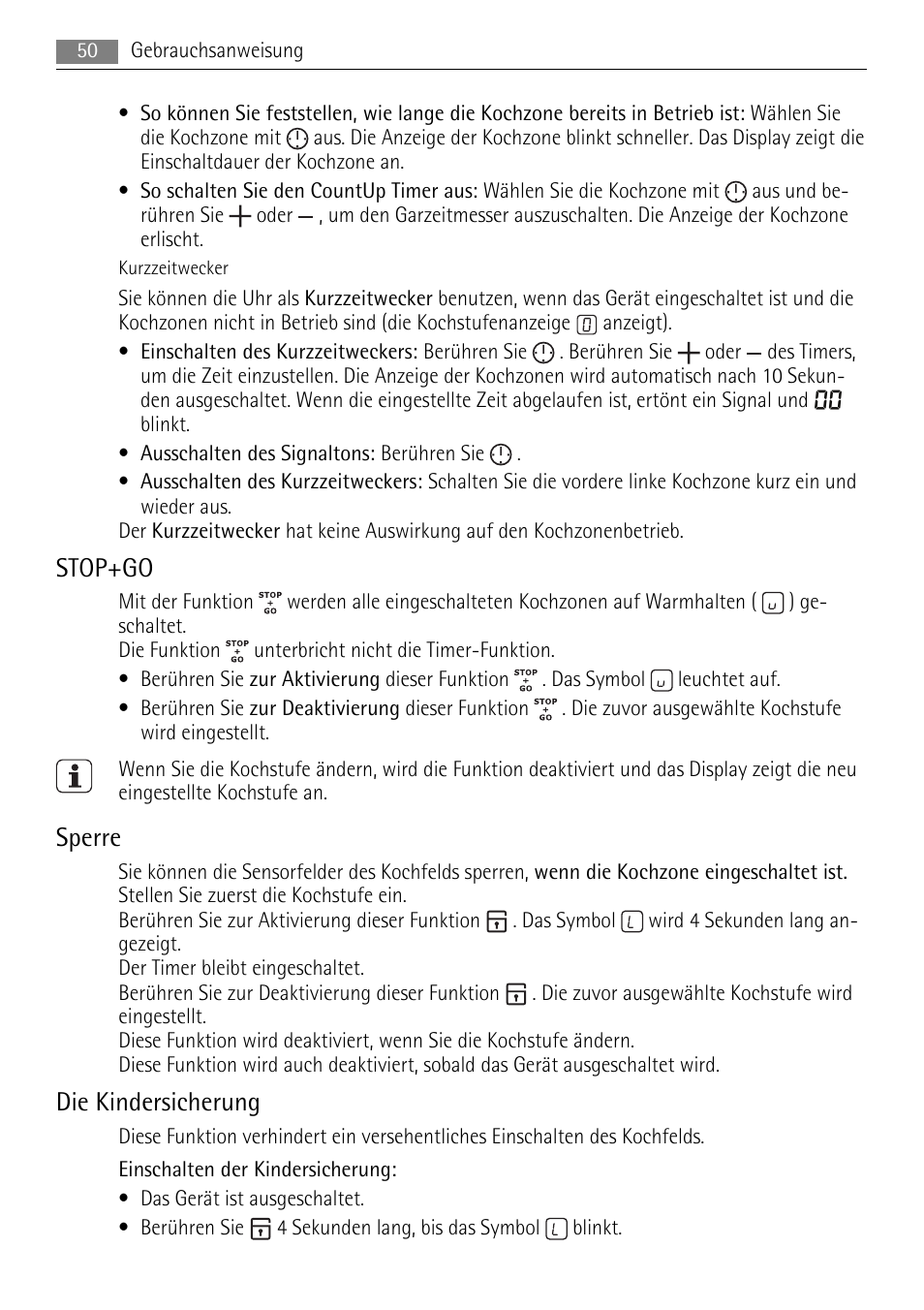 Stop+go, Sperre, Die kindersicherung | AEG HE604078XB User Manual | Page 50 / 56