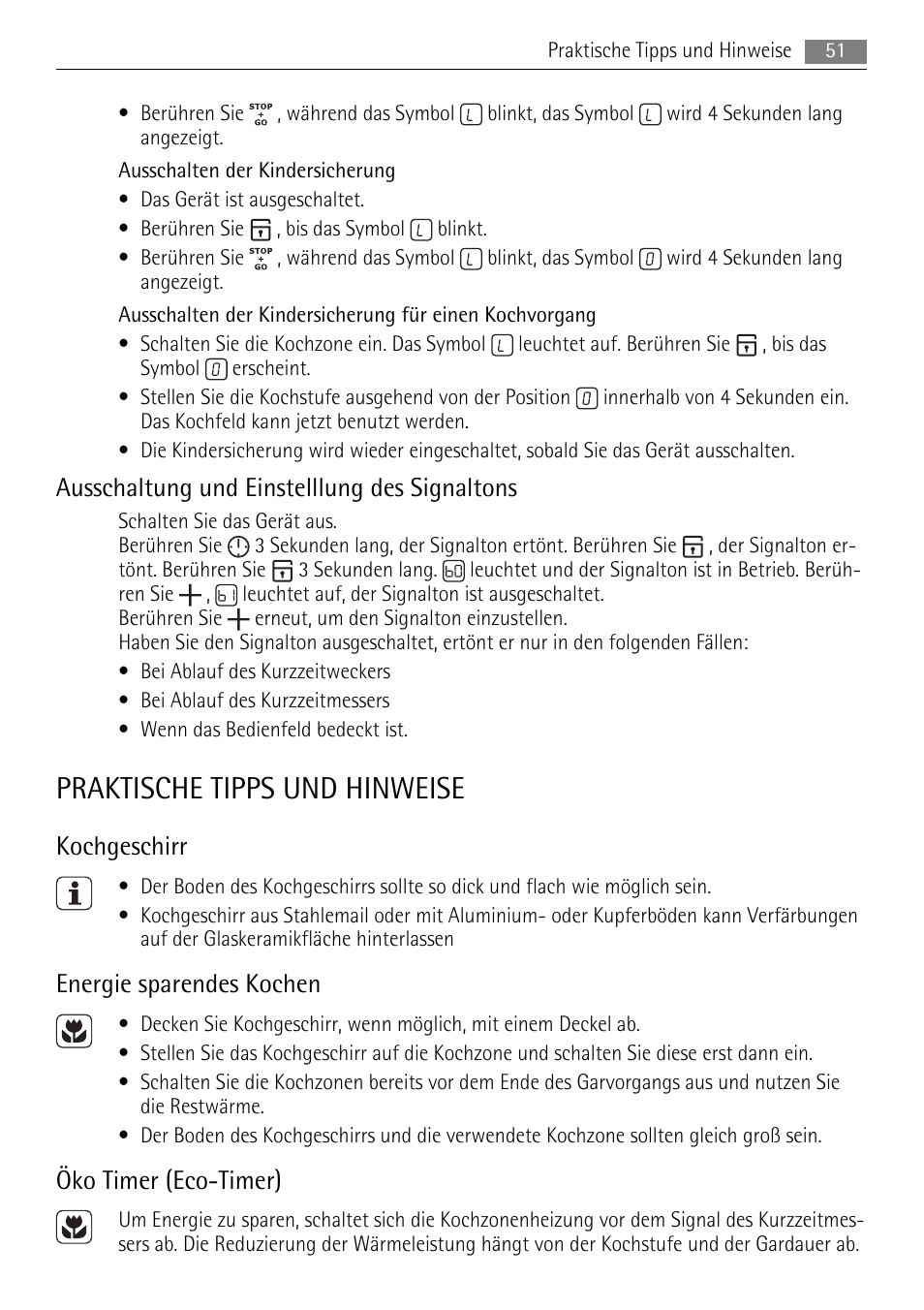 Praktische tipps und hinweise, Ausschaltung und einstelllung des signaltons, Kochgeschirr | Energie sparendes kochen, Öko timer (eco-timer) | AEG HE604078XB User Manual | Page 51 / 56