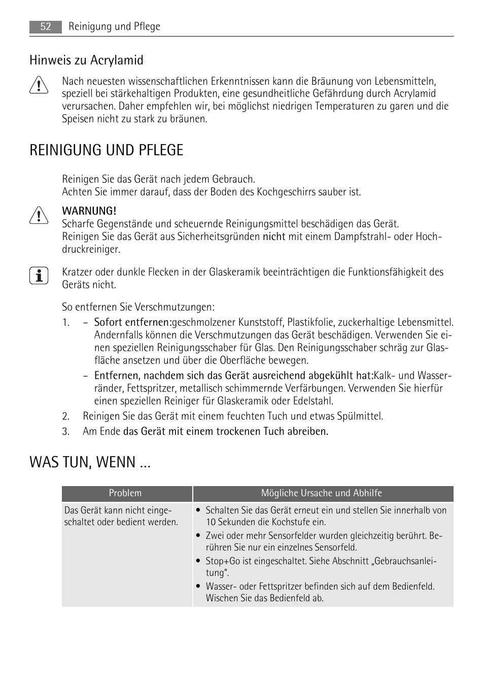 Reinigung und pflege, Was tun, wenn, Hinweis zu acrylamid | AEG HE604078XB User Manual | Page 52 / 56