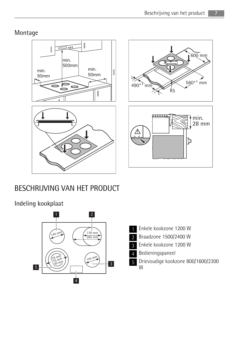 Beschrijving van het product, Montage, Indeling kookplaat | Min. 28 mm | AEG HE604078XB User Manual | Page 7 / 56