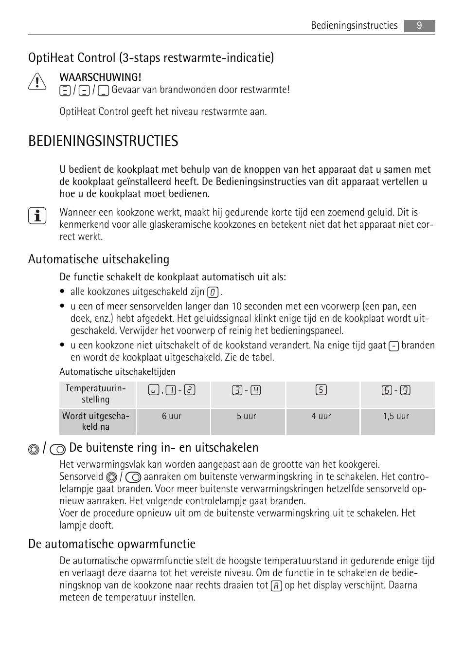 Bedieningsinstructies, Optiheat control (3-staps restwarmte-indicatie), Automatische uitschakeling | De buitenste ring in- en uitschakelen, De automatische opwarmfunctie | AEG HE604078XB User Manual | Page 9 / 56