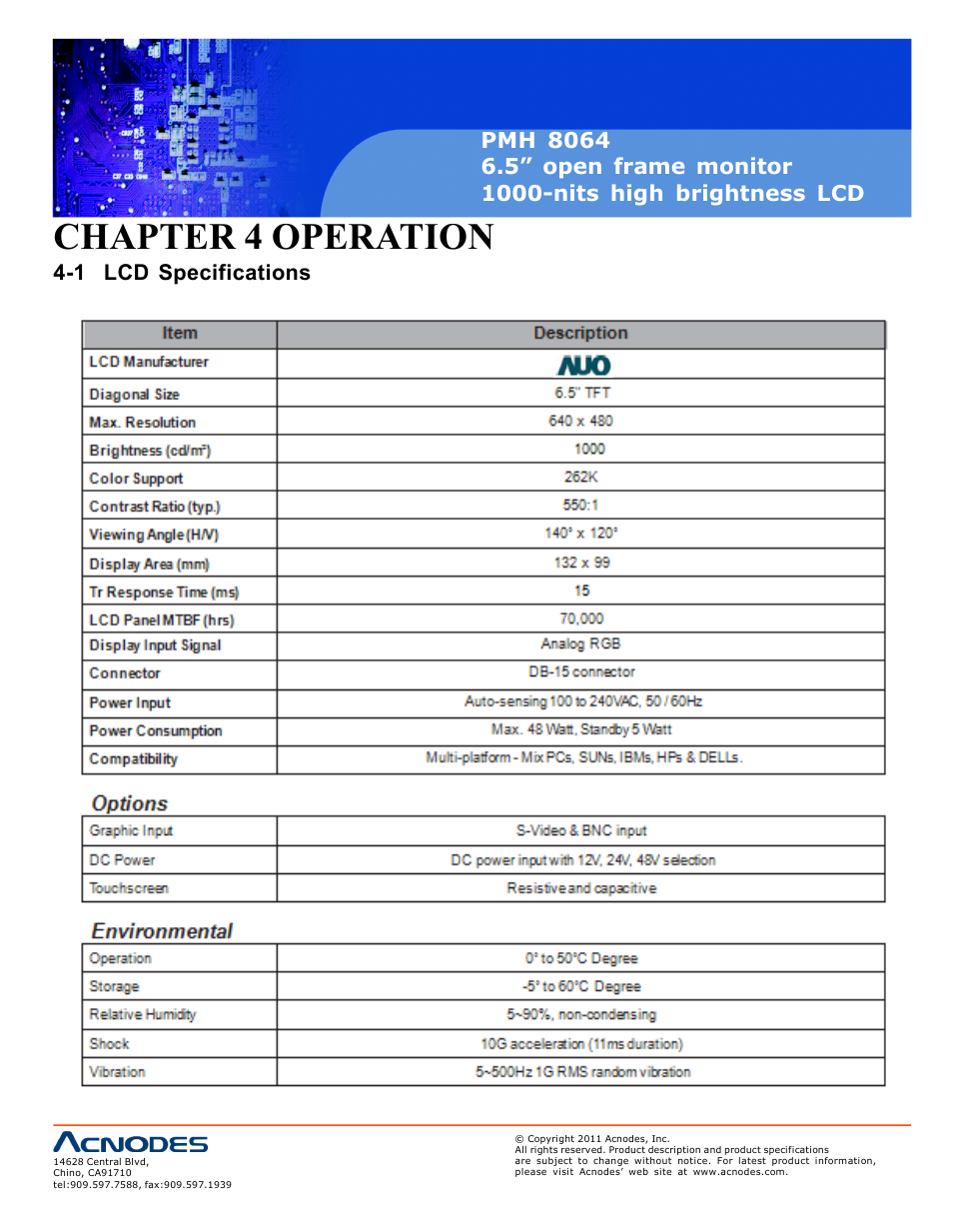 Chapter 4 operation, 1 lcd specifications | Acnodes PMH 8064 User Manual | Page 12 / 25