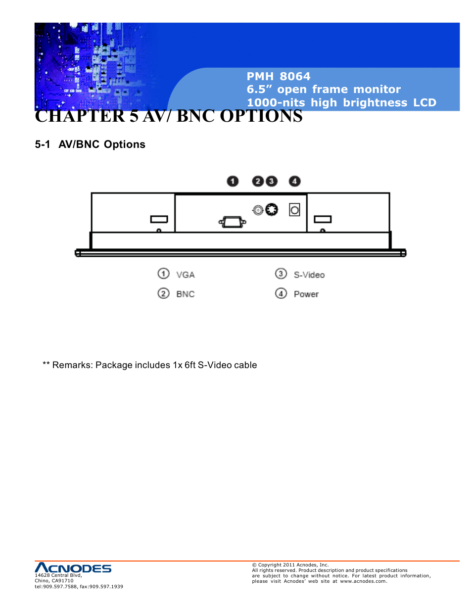 Chapter 5 av/ bnc options, 1 av/bnc options | Acnodes PMH 8064 User Manual | Page 13 / 25