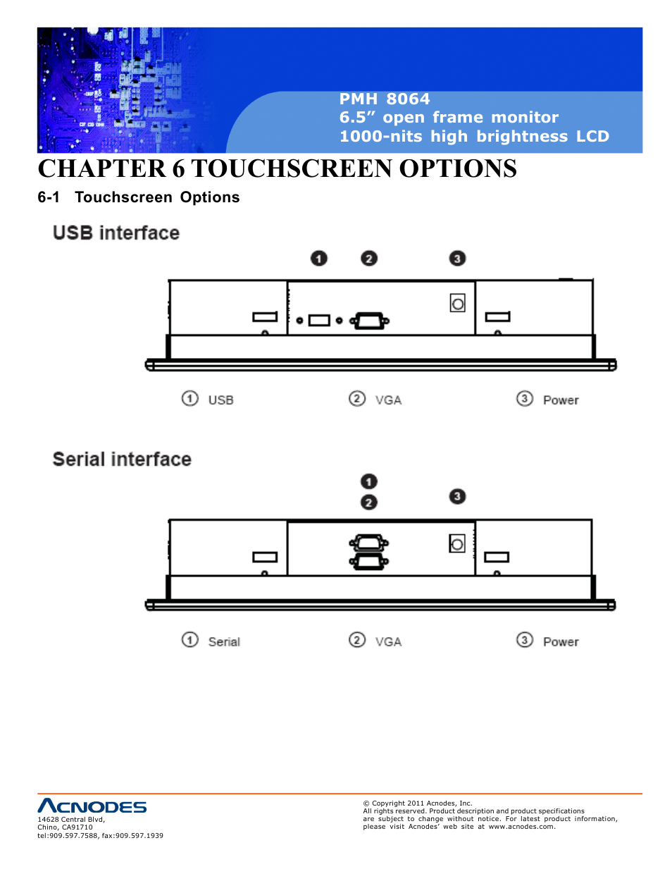 Chapter 6 touchscreen options, 1 touchscreen options | Acnodes PMH 8064 User Manual | Page 14 / 25