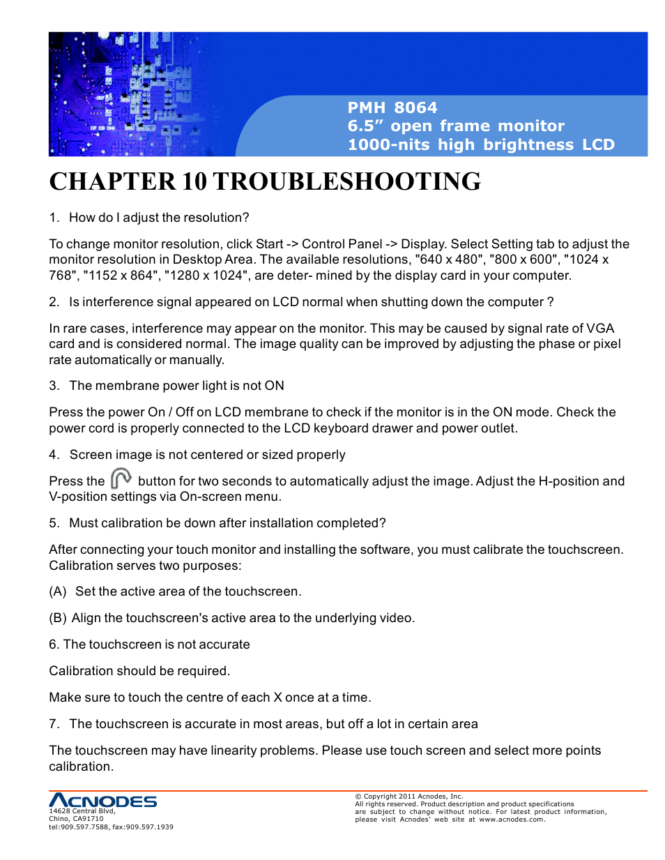 Chapter 10 troubleshooting | Acnodes PMH 8064 User Manual | Page 23 / 25