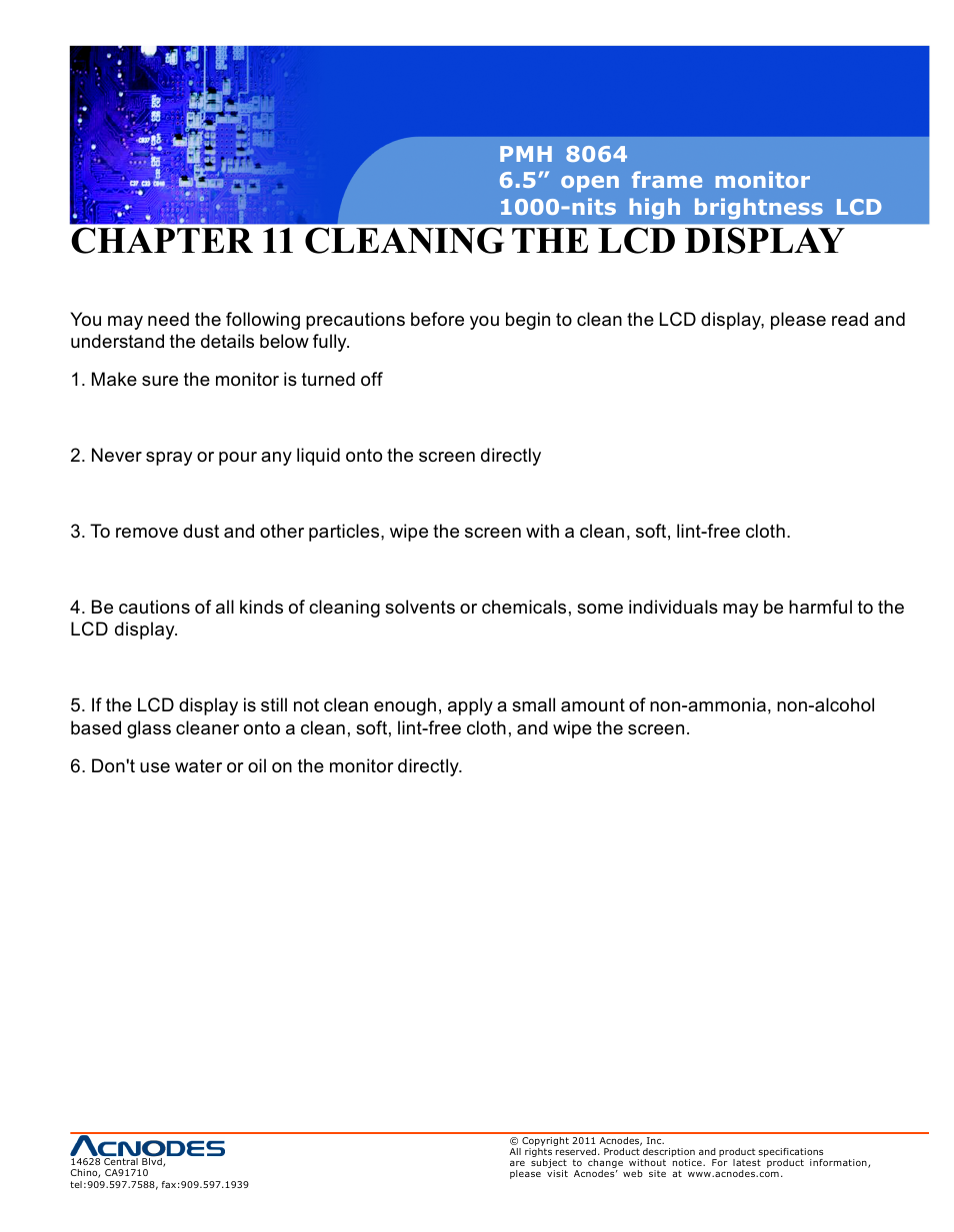 Chapter 11 cleaning the lcd display | Acnodes PMH 8064 User Manual | Page 25 / 25