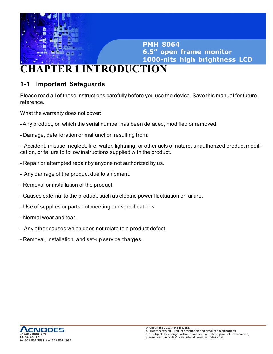Chapter 1 introduction, 1 important safeguards | Acnodes PMH 8064 User Manual | Page 3 / 25