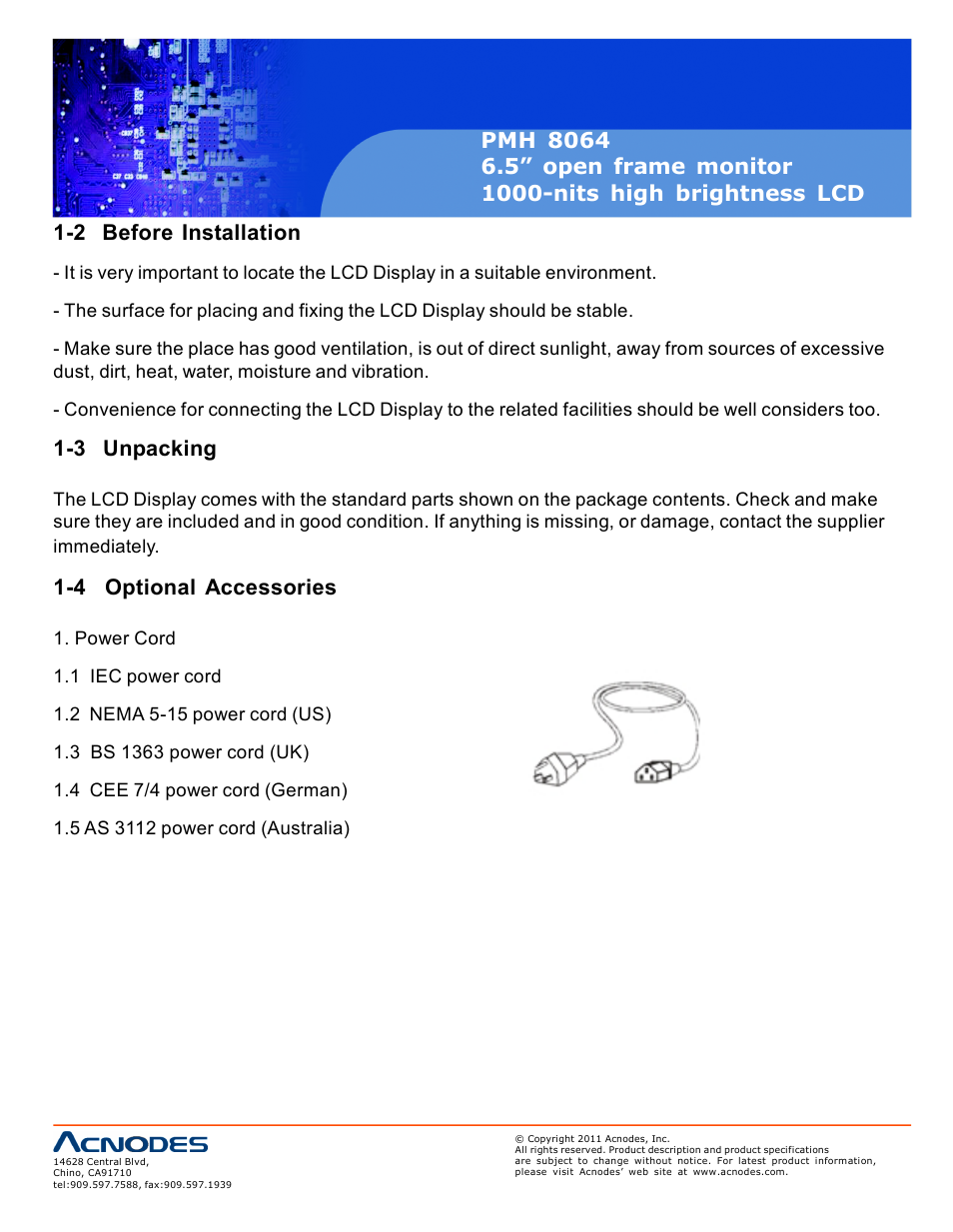 3 unpacking, 4 optional accessories | Acnodes PMH 8064 User Manual | Page 4 / 25