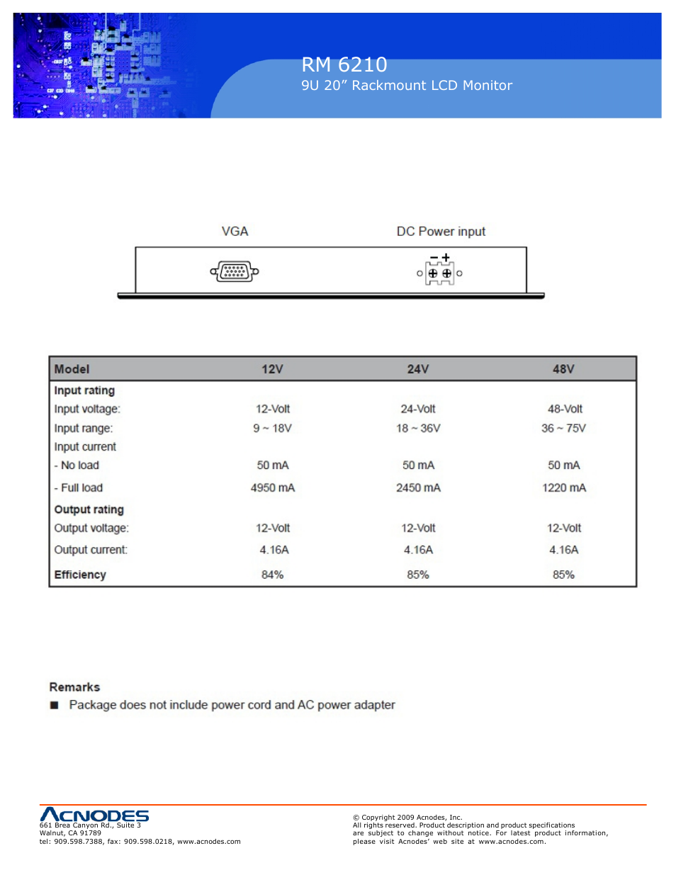 Rm 6210, 6 dc power options, 9u 20” rackmount lcd monitor | Acnodes 9U RM 6210 User Manual | Page 19 / 20