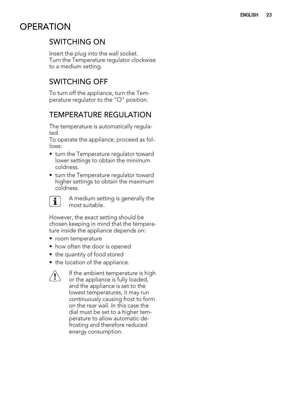 Operation, Switching on, Switching off | Temperature regulation | AEG SKS51000S0 User Manual | Page 23 / 72