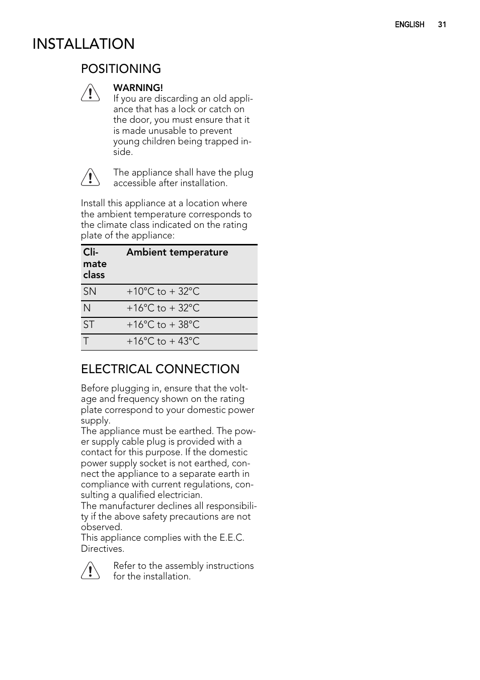 Installation, Positioning, Electrical connection | AEG SKS51000S0 User Manual | Page 31 / 72