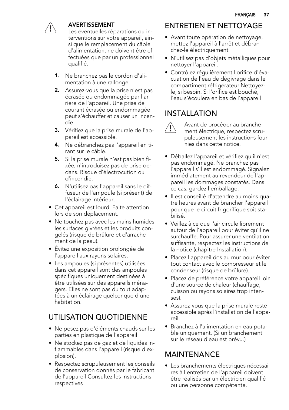 Utilisation quotidienne, Entretien et nettoyage, Installation | Maintenance | AEG SKS51000S0 User Manual | Page 37 / 72