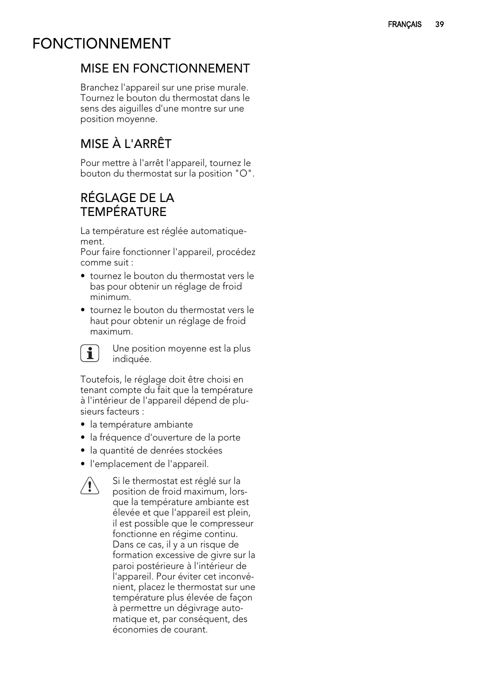 Fonctionnement, Mise en fonctionnement, Mise à l'arrêt | Réglage de la température | AEG SKS51000S0 User Manual | Page 39 / 72