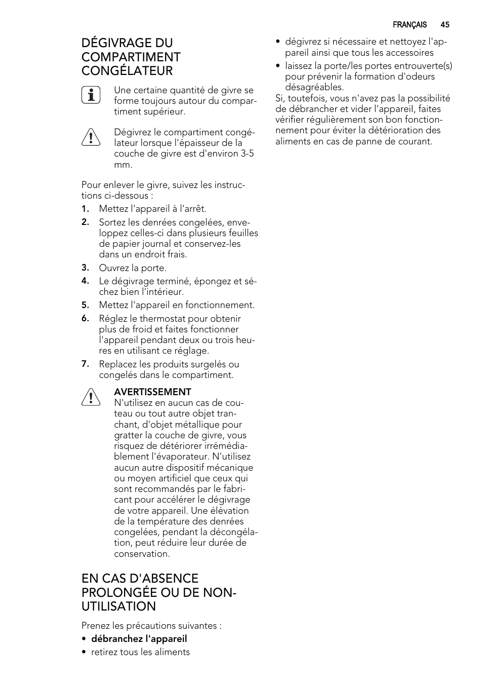 Dégivrage du compartiment congélateur, En cas d'absence prolongée ou de non- utilisation | AEG SKS51000S0 User Manual | Page 45 / 72