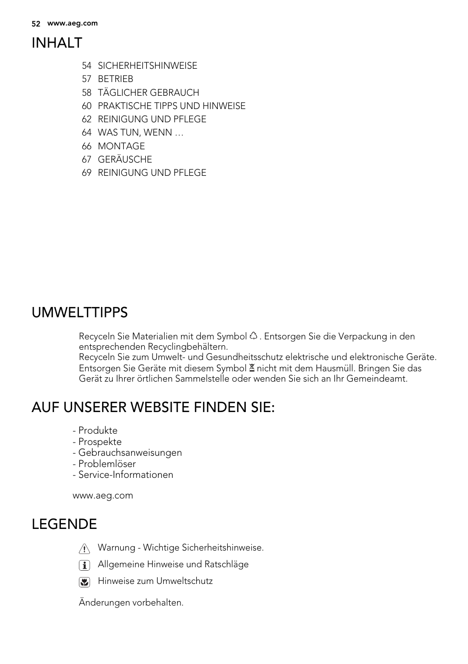 Inhalt, Umwelttipps, Auf unserer website finden sie | Legende | AEG SKS51000S0 User Manual | Page 52 / 72
