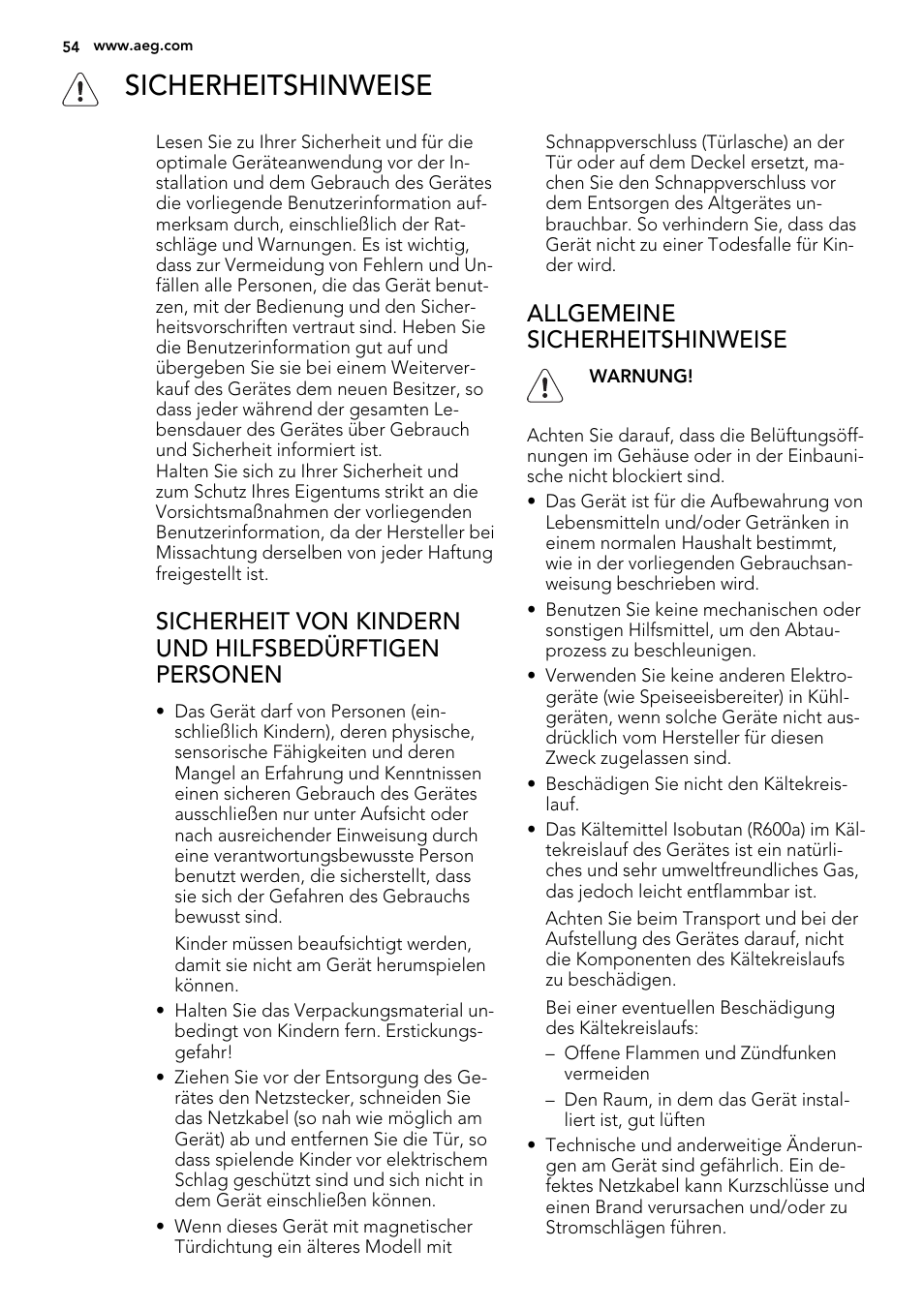 Sicherheitshinweise, Allgemeine sicherheitshinweise | AEG SKS51000S0 User Manual | Page 54 / 72
