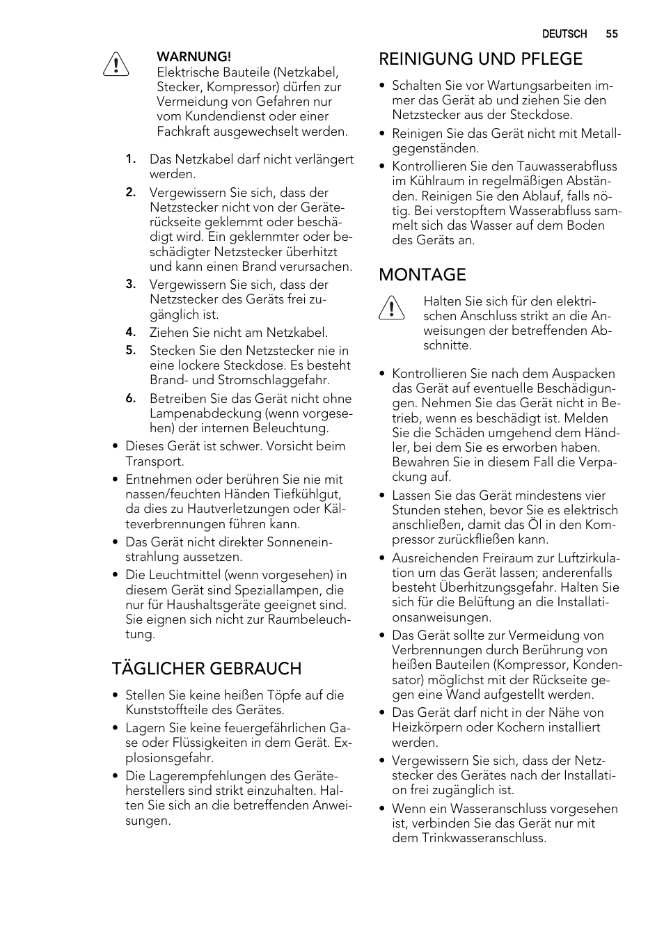 Täglicher gebrauch, Reinigung und pflege, Montage | AEG SKS51000S0 User Manual | Page 55 / 72