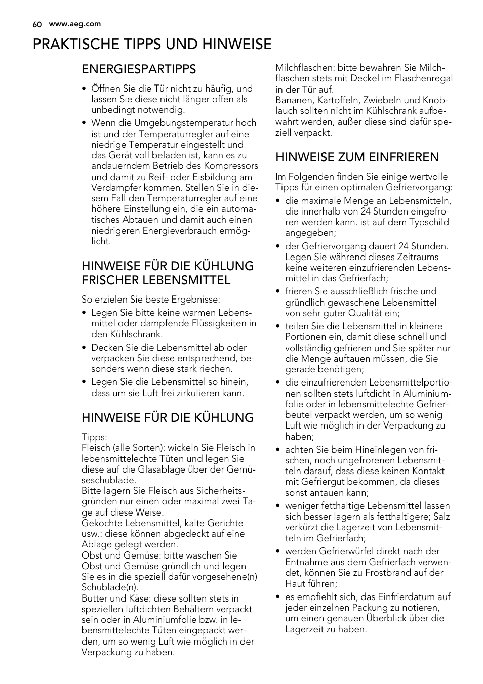 Praktische tipps und hinweise, Energiespartipps, Hinweise für die kühlung frischer lebensmittel | Hinweise für die kühlung, Hinweise zum einfrieren | AEG SKS51000S0 User Manual | Page 60 / 72